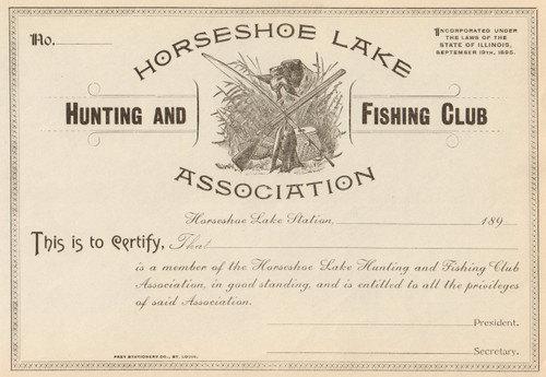 Horseshoe Lake Hunting and Fishing Club  stock certificate circa 1895  (Illinois)