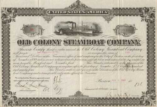 Old Colony Steamboat Company stock certificate 1889 