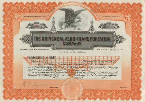 Universal Aero-Transportation Company stock certificate circa 1915