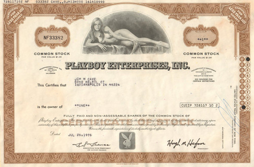 Playboy Enterprises Inc  stock certificate 1976 