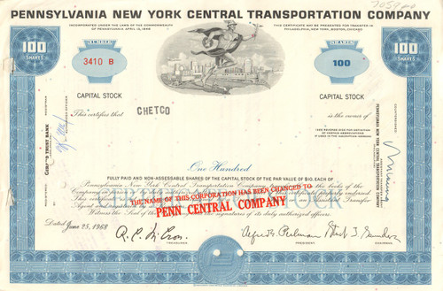 Pennsylvania New York Transportation Company stock certificate 1960's - blue