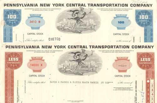 Pennsylvania New York Transportation Company stock certificate 1960's - set of 2 colors
