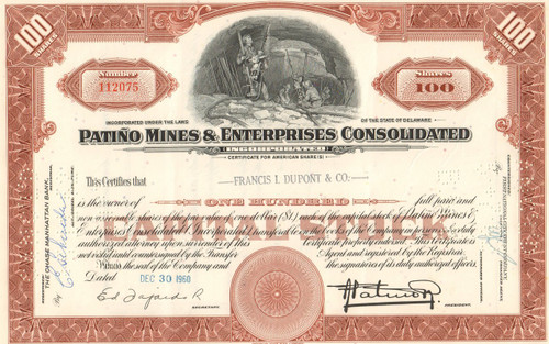 Patiño Mines & Enterprise Consolidated stock certificate 1950's