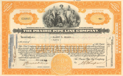 Prairie Pipe Line Company stock certificate 1930's -orange