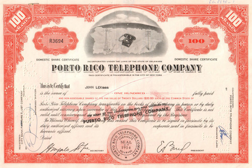 Porto Rico Telephone Company stock certificate 1960 (Puerto Rico Telephone Company)