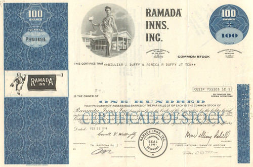 Ramada Inns stock certificate 1974