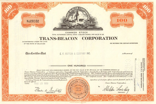 Trans-Beacon Corporation stock certificate 1969 (formerly RKO Pictures)