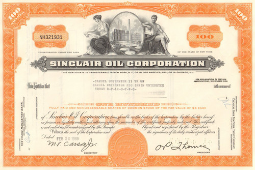 Sinclair Oil Corporation stock certificate 1960's - orange