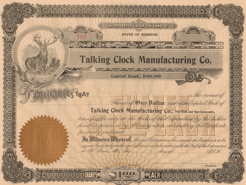 Talking Clock Manufacturing Company stock certificate circa 1910 - front