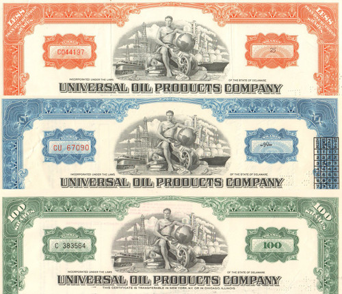 Universal Oil Products stock certificate 1970's - set of 3 colors