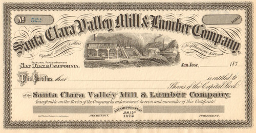 Santa Clara Valley Mill & Lumber Company stock certificate 1870's