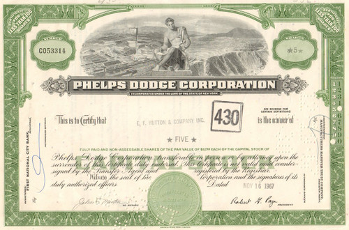 Phelps Dodge Corporation stock certificate 1967 (copper mining)- green