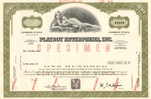 Playboy Enterprises Inc  stock certificate specimen - olive