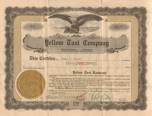 Yellow Taxi Company stock certificate 1924-1925 (Detroit cab company)