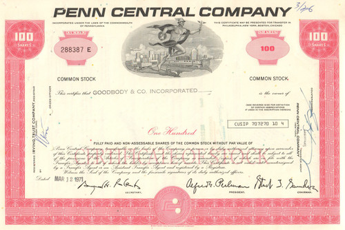 Penn Central Company stock certificate 1970's - red - dealer lots