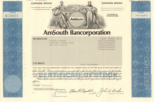 AmSouth Bancorporation stock certificate 1990's
