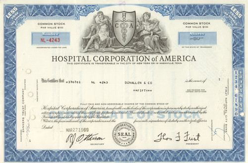 Hospital Corporation of America stock certificate 1969 