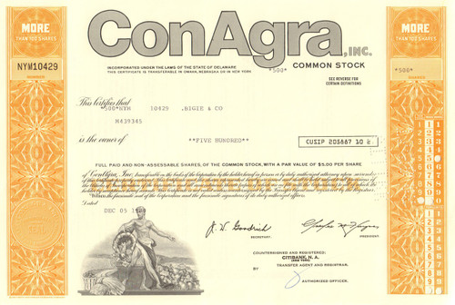 ConAgra Inc stock certificate 1980's  - orange