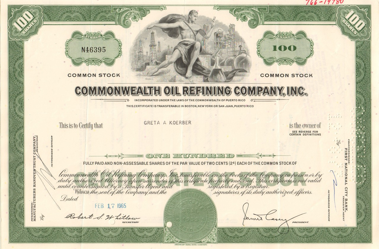 Details about   CORCO Brown Scientist Any Amount Shares COMMONWEALTH OIL REFINING CO Puerto Rico 