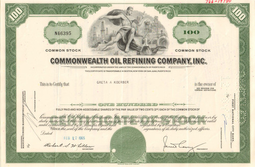 Commonwealth Oil Refining Company stock certificate 1970's