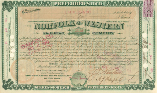 Norfolk and Western Railroad Company stock certificate 1880's