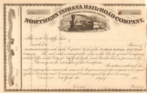 Northern Indiana Rail-Road Company stock certificate 1850's
