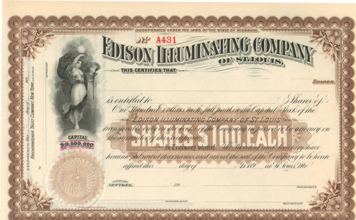 Edison Illuminating Company stock certificate 1890's - brown