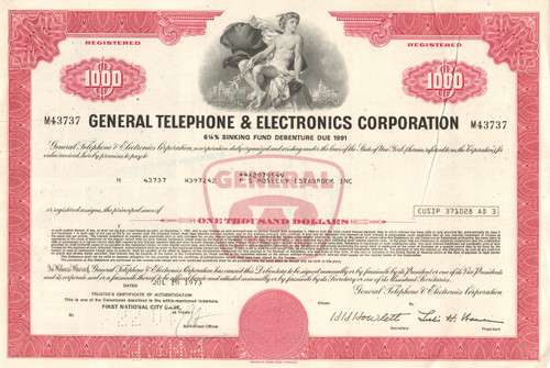 General Telephone & Electronics Corporation $1,000 bond certificate 1970's - red