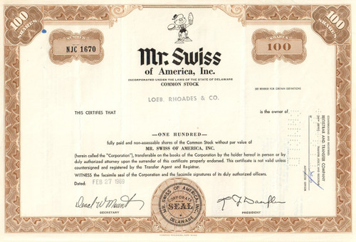 Mr Swiss of America stock certificate 1970 brown