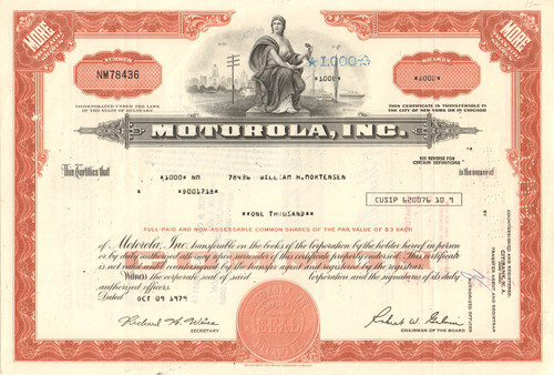 Motorola Inc. stock certificate 1979 