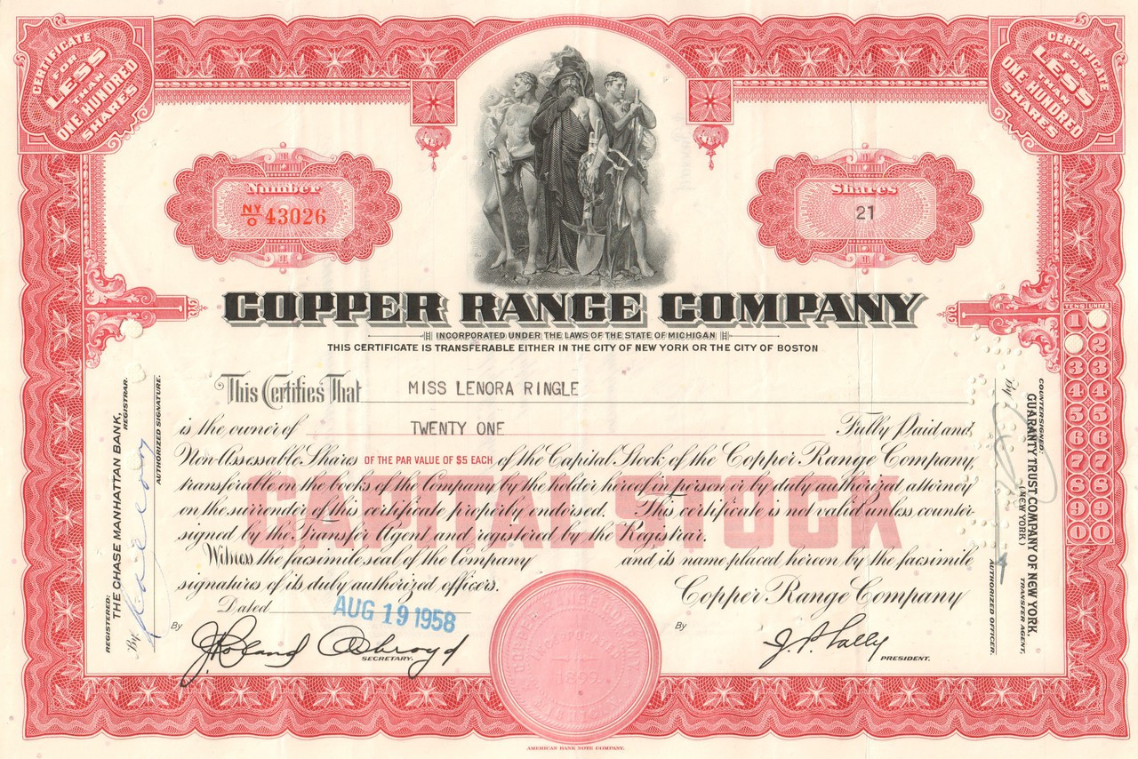 Stock Certificate Mayflower-Old Colony Copper Company 