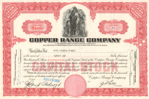 Copper Range Company stock certificate 1950's