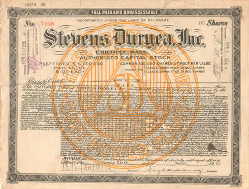 Stevens Duryea Inc stock certificate 1920