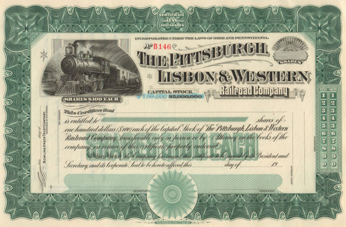 The Pittsburgh, Lisbon, and Western stock certificate circa 1902 - green