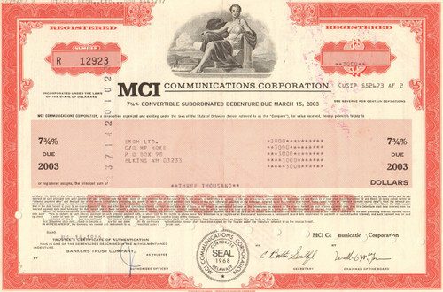 MCI Communications Corporation bond certificate 1986