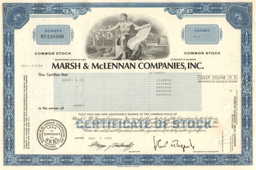 Marsh and McLennan stock certificate 1980's (financial services)
