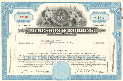 McKesson-Robbins Inc. stock certificate 1950's (McKesson health and drugs)