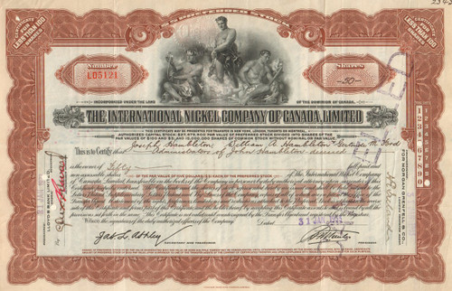 International Nickel Company of Canada Limited stock certificate 1930's - brown