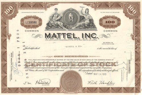 Mattel Inc stock certificate 1970  (toys and games) 