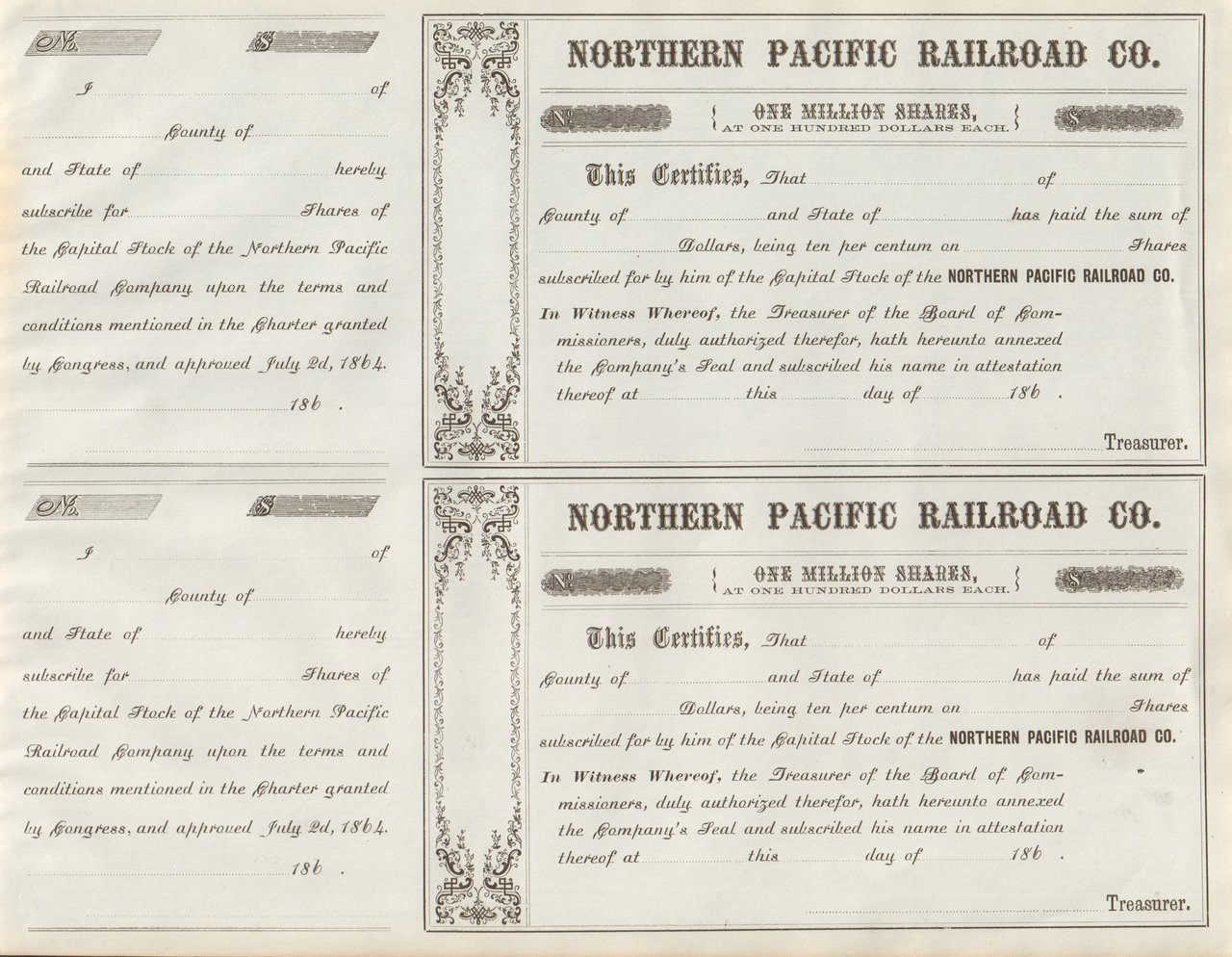 Northern Pacific Railroad Company 1880s 1890's red stock certificate 