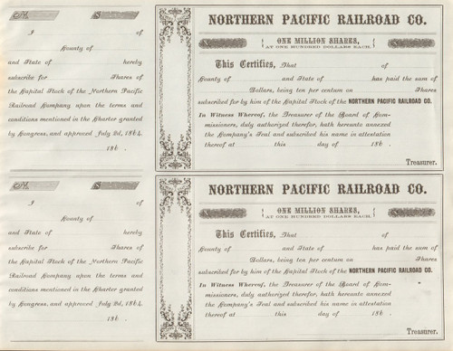 Northern Pacific Railroad subscription certificate circa 1864 (set of 2)