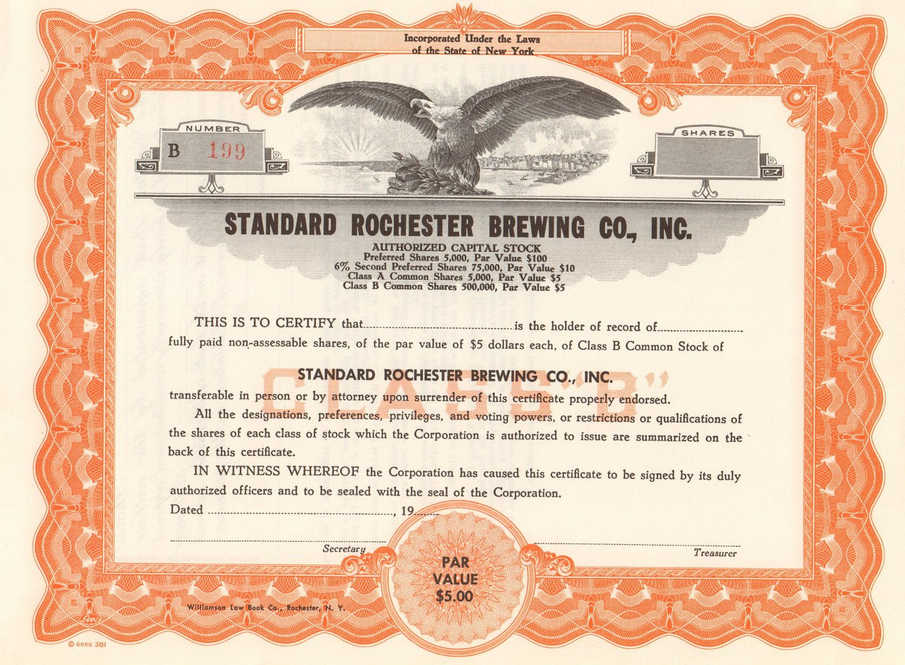 Standard Rochester Brewing Company stock certificate circa 1956 (New