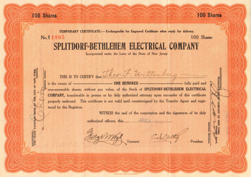 Splitdorf-Bethlehem Electrical Company stock certificate 1925