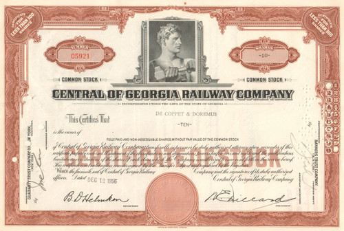 Central of Georgia Railway Company stock certificate 1950's - brown