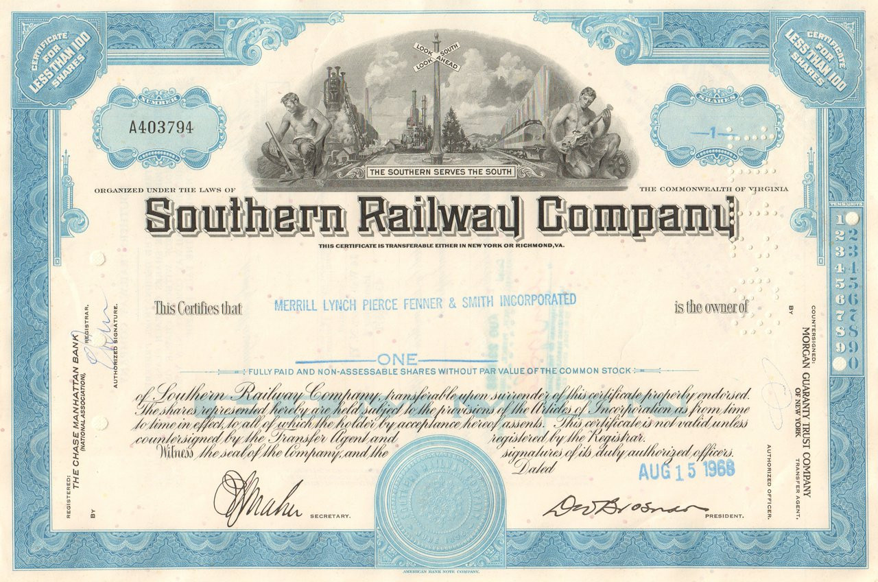Southern Railway Company Stock Certificate Railroad Purple