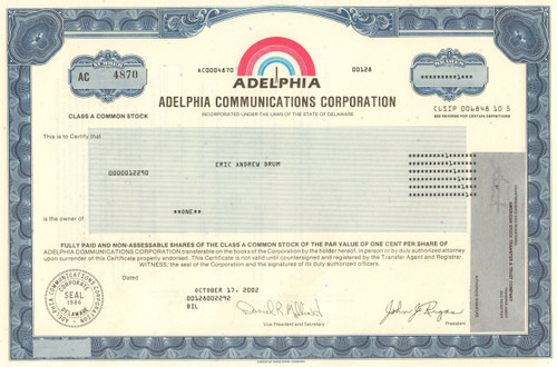 Adelphia Communication Corporation stock certificate - 2002  (massive corruption scandal) - John Rigas as president