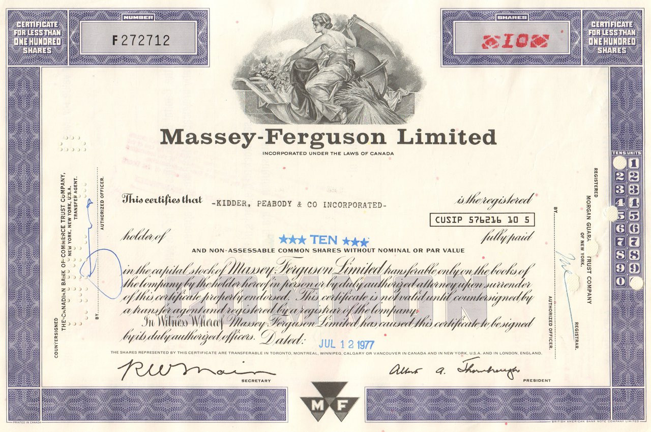 Massey-Ferguson Limited /> Set of 4 Canada share stock certificate