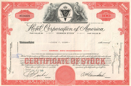 Hotel Corporation of America stock certificate 1950's