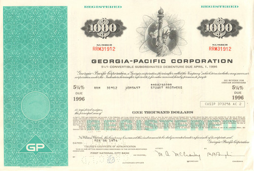 Georgia-Pacific Corporation bond certificate 1970's - aqua