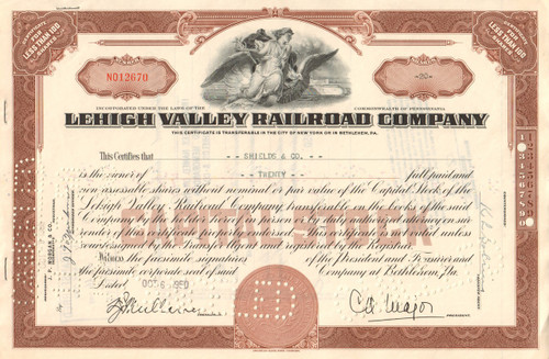 Lehigh Valley Railroad Company issued stock certificate 1949-1950 - brown